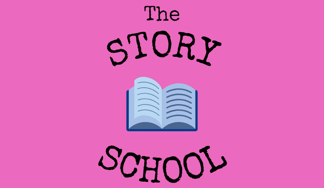 The Story School logo: a pink background with a graphic of an open book, and the words 'The Story School' surrounding it